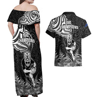 New Zealand Silver Fern Rugby Couples Matching Off Shoulder Maxi Dress and Hawaiian Shirt Maori Tiki Player With Ta Moko Tribal LT01 - Polynesian Pride