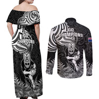 New Zealand Silver Fern Rugby Couples Matching Off Shoulder Maxi Dress and Long Sleeve Button Shirts Maori Tiki Player With Ta Moko Tribal LT01 - Polynesian Pride