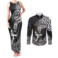 New Zealand Silver Fern Rugby Couples Matching Tank Maxi Dress and Long Sleeve Button Shirts Maori Tiki Player With Ta Moko Tribal LT01 Black - Polynesian Pride