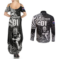 Custom New Zealand Silver Fern Rugby Couples Matching Summer Maxi Dress and Long Sleeve Button Shirts Maori Tiki Player With Ta Moko Tribal LT01 - Polynesian Pride