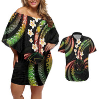 Hawaii Map Kanaka Maoli Couples Matching Off Shoulder Short Dress and Hawaiian Shirt Fantastic Frangipani Reggae