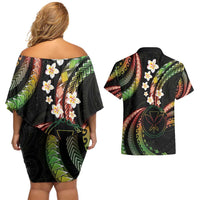 Hawaii Map Kanaka Maoli Couples Matching Off Shoulder Short Dress and Hawaiian Shirt Fantastic Frangipani Reggae