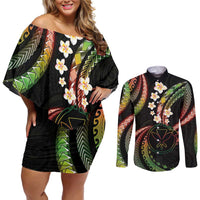 Hawaii Map Kanaka Maoli Couples Matching Off Shoulder Short Dress and Long Sleeve Button Shirt Fantastic Frangipani Reggae