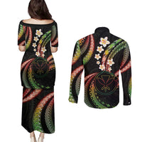 Hawaii Map Kanaka Maoli Couples Matching Puletasi and Long Sleeve Button Shirt Fantastic Frangipani Reggae