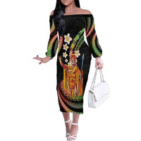 Hawaii King Kamehameha Family Matching Off The Shoulder Long Sleeve Dress and Hawaiian Shirt Fantastic Plumeria Reggae