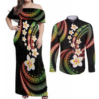 Hawaii Plumeria Reggae Couples Matching Off Shoulder Maxi Dress and Long Sleeve Button Shirt Polynesian Pattern
