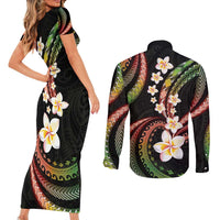 Hawaii Plumeria Reggae Couples Matching Short Sleeve Bodycon Dress and Long Sleeve Button Shirt Polynesian Pattern