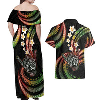 Hawaii Shaka Sign Couples Matching Off Shoulder Maxi Dress and Hawaiian Shirt Fantastic Frangipani Reggae
