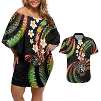 Hawaii Shaka Sign Couples Matching Off Shoulder Short Dress and Hawaiian Shirt Fantastic Frangipani Reggae