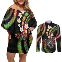 Hawaii Shaka Sign Couples Matching Off Shoulder Short Dress and Long Sleeve Button Shirt Fantastic Frangipani Reggae