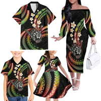 Hawaii Shaka Sign Family Matching Off The Shoulder Long Sleeve Dress and Hawaiian Shirt Fantastic Frangipani Reggae