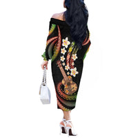 Hawaiian Ukulele Off The Shoulder Long Sleeve Dress Jawaiian Fantastic Plumeria