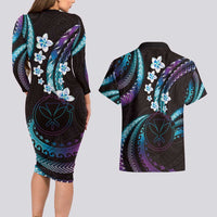 Hawaii Map Kanaka Maoli Couples Matching Long Sleeve Bodycon Dress and Hawaiian Shirt Fantastic Frangipani Amethyst Gradient