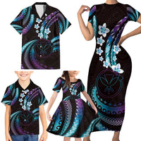 Hawaii Map Kanaka Maoli Family Matching Short Sleeve Bodycon Dress and Hawaiian Shirt Fantastic Frangipani Amethyst Gradient