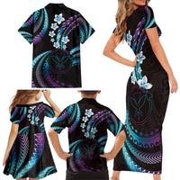 Hawaii Map Kanaka Maoli Family Matching Short Sleeve Bodycon Dress and Hawaiian Shirt Fantastic Frangipani Amethyst Gradient