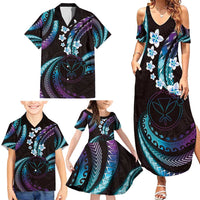 Hawaii Map Kanaka Maoli Family Matching Summer Maxi Dress and Hawaiian Shirt Fantastic Frangipani Amethyst Gradient