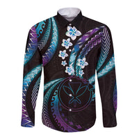 Hawaii Map Kanaka Maoli Long Sleeve Button Shirt Fantastic Frangipani Amethyst Gradient