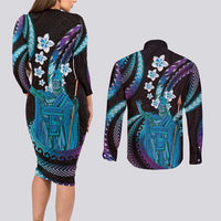 Hawaii King Kamehameha Couples Matching Long Sleeve Bodycon Dress and Long Sleeve Button Shirt Fantastic Plumeria Amethyst Gradient