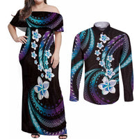 Hawaii Plumeria Couples Matching Off Shoulder Maxi Dress and Long Sleeve Button Shirt Amethyst Gradient Polynesian Pattern