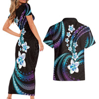 Hawaii Plumeria Couples Matching Short Sleeve Bodycon Dress and Hawaiian Shirt Amethyst Gradient Polynesian Pattern