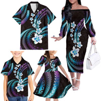 Hawaii Plumeria Family Matching Off The Shoulder Long Sleeve Dress and Hawaiian Shirt Amethyst Gradient Polynesian Pattern