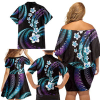 Hawaii Plumeria Family Matching Off Shoulder Short Dress and Hawaiian Shirt Amethyst Gradient Polynesian Pattern