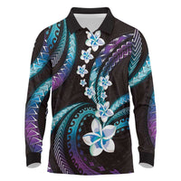 Hawaii Plumeria Long Sleeve Polo Shirt Amethyst Gradient Polynesian Pattern