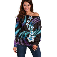 Hawaii Plumeria Off Shoulder Sweater Amethyst Gradient Polynesian Pattern