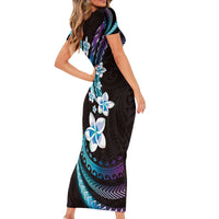 Hawaii Plumeria Short Sleeve Bodycon Dress Amethyst Gradient Polynesian Pattern