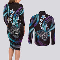 Hawaii Shaka Sign Couples Matching Long Sleeve Bodycon Dress and Long Sleeve Button Shirt Fantastic Frangipani Amethyst Gradient