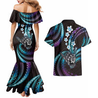 Hawaii Shaka Sign Couples Matching Mermaid Dress and Hawaiian Shirt Fantastic Frangipani Amethyst Gradient