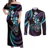 Hawaii Shaka Sign Couples Matching Off Shoulder Maxi Dress and Long Sleeve Button Shirt Fantastic Frangipani Amethyst Gradient