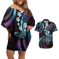 Hawaii Shaka Sign Couples Matching Off Shoulder Short Dress and Hawaiian Shirt Fantastic Frangipani Amethyst Gradient
