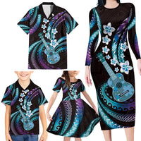 Hawaiian Ukulele Family Matching Long Sleeve Bodycon Dress and Hawaiian Shirt Amethyst Gradient Fantastic Plumeria