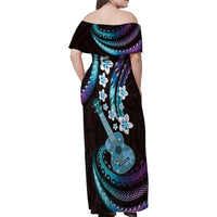 Hawaiian Ukulele Family Matching Off Shoulder Maxi Dress and Hawaiian Shirt Amethyst Gradient Fantastic Plumeria
