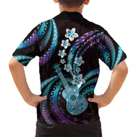 Hawaiian Ukulele Family Matching Short Sleeve Bodycon Dress and Hawaiian Shirt Amethyst Gradient Fantastic Plumeria