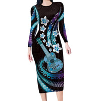 Hawaiian Ukulele Long Sleeve Bodycon Dress Amethyst Gradient Fantastic Plumeria