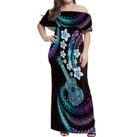 Hawaiian Ukulele Off Shoulder Maxi Dress Amethyst Gradient Fantastic Plumeria