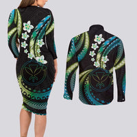 Hawaii Map Kanaka Maoli Couples Matching Long Sleeve Bodycon Dress and Long Sleeve Button Shirt Fantastic Frangipani Chartreuse Cyan
