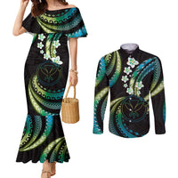 Hawaii Map Kanaka Maoli Couples Matching Mermaid Dress and Long Sleeve Button Shirt Fantastic Frangipani Chartreuse Cyan