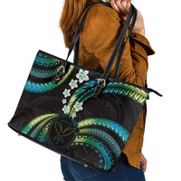 Hawaii Map Kanaka Maoli Leather Tote Bag Fantastic Frangipani Chartreuse Cyan