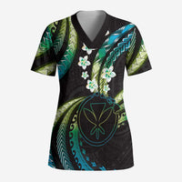 Hawaii Map Kanaka Maoli Scrub Top Fantastic Frangipani Chartreuse Cyan - Polynesian Pride