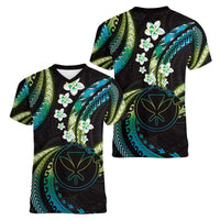 Hawaii Map Kanaka Maoli Women V-Neck T-Shirt Fantastic Frangipani Chartreuse Cyan
