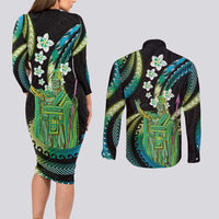 Hawaii King Kamehameha Couples Matching Long Sleeve Bodycon Dress and Long Sleeve Button Shirt Fantastic Plumeria Chartreuse Cyan