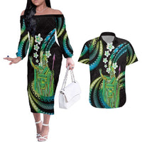 Hawaii King Kamehameha Couples Matching Off The Shoulder Long Sleeve Dress and Hawaiian Shirt Fantastic Plumeria Chartreuse Cyan