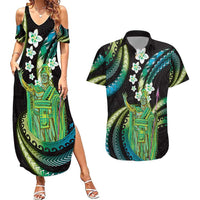 Hawaii King Kamehameha Couples Matching Summer Maxi Dress and Hawaiian Shirt Fantastic Plumeria Chartreuse Cyan
