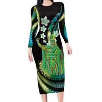 Hawaii King Kamehameha Family Matching Long Sleeve Bodycon Dress and Hawaiian Shirt Fantastic Plumeria Chartreuse Cyan