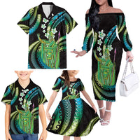 Hawaii King Kamehameha Family Matching Off The Shoulder Long Sleeve Dress and Hawaiian Shirt Fantastic Plumeria Chartreuse Cyan