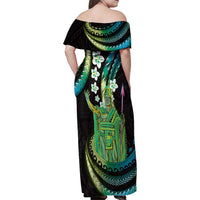 Hawaii King Kamehameha Family Matching Off Shoulder Maxi Dress and Hawaiian Shirt Fantastic Plumeria Chartreuse Cyan