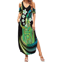 Hawaii King Kamehameha Family Matching Summer Maxi Dress and Hawaiian Shirt Fantastic Plumeria Chartreuse Cyan